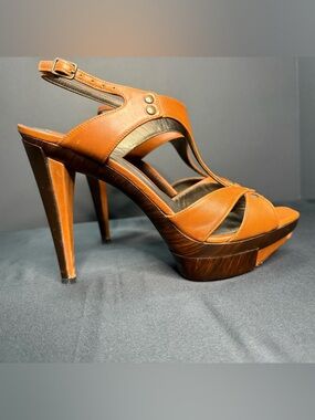 Stewart Weitzman Leather Tan Brown Wood High Heel Platform Strappy Sexy 8.5